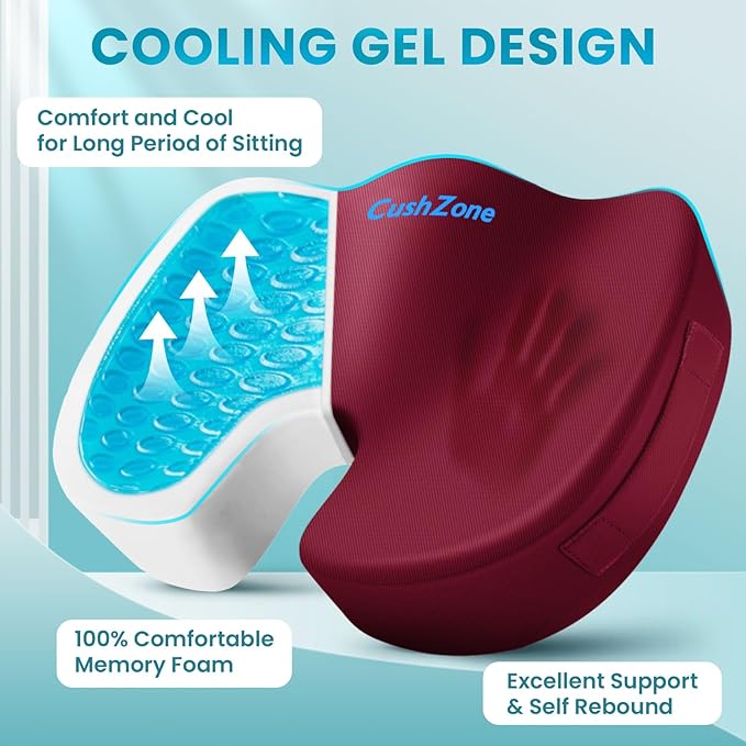 Office Chair Seat Cushion, Cooling Gel Enhanced Memory Foam Cushion for Long Sitting - Back, Coccyx & Tailbone Support Pillow - for Office, Gaming, Car, Wheelchair - Red, Large