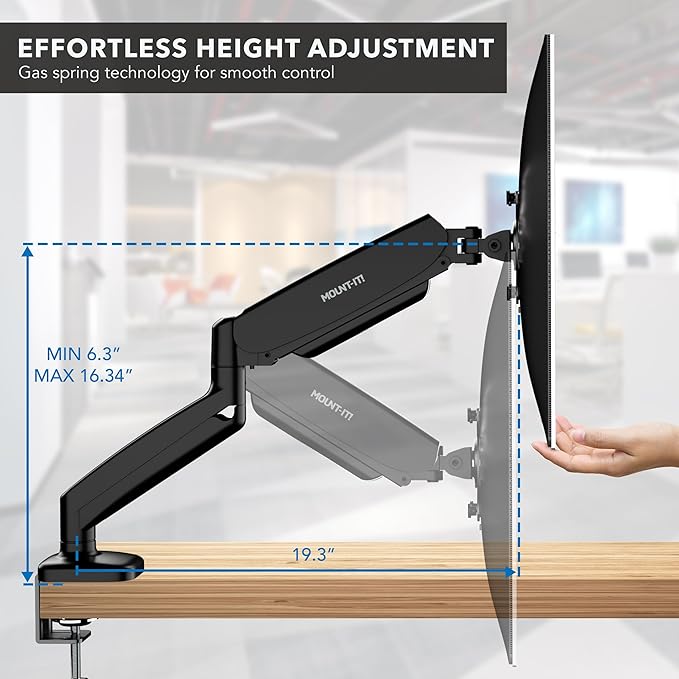 Mount-It! Dual Monitor Desk Mount, Two Independent Gas Spring Arms, Fits 13-32" Screens up to 17.6 lbs Each, VESA 75x75 & 100x100, Full Motion Tilt Swivel Rotate, C-Clamp & Grommet Base