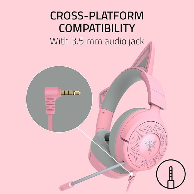 Razer Kraken Kitty V3 X Wired Gaming Headset: Kitty Ears - HyperClear Cardioid Mic - 40 mm Drivers - 7.1 Surround Sound - Comfy Ear Cushions - Cross-Platform via 3.5mm PC, PS5, Xbox, Switch 2 - Pink