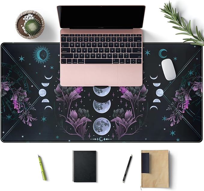 Celestial Moon Phases Mouse Pad Large Purple Desk Mat Forest Extended Gaming Mousepad Violet Teal Desk Pad XXL 31.5 x 15.7 in Laptop Computer Mouse Keyboard Mat for Office Desk Decor