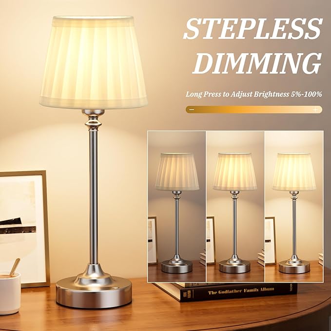 Kakanuo Cordless Table Lamp Rechargeable Silver - 1 Pack 4000mAH Battery Operated Lamp for Decor, 3000K Stepless Dimming Touch Control Wireless Lamp for Bedroom, Dining Table, Counter, Living Room