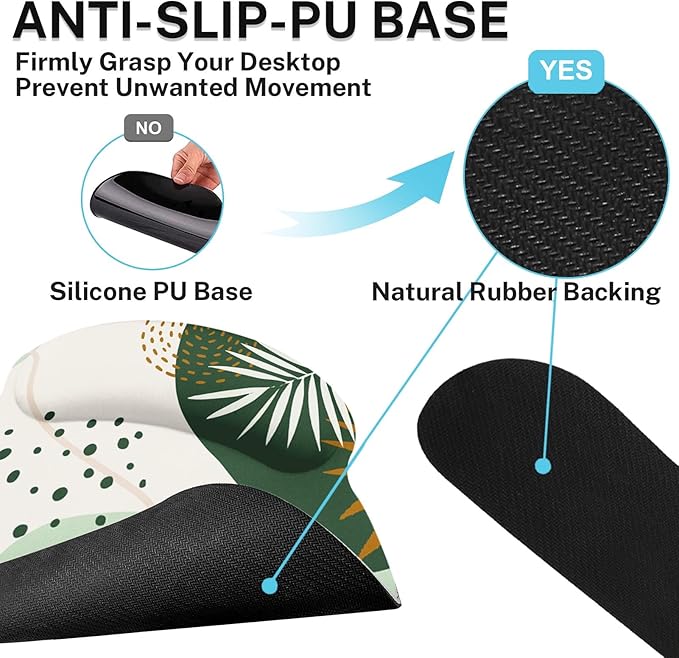 Britimes Green Boho Leaves Keyboard Mouse Pad Set 4in1 Large Mousepad+Keyboard Wrist Rest+Mouse Wrist Rest+Coaster Set with Ergonomic Design for Home Office Computer 35.4x15.7 inches