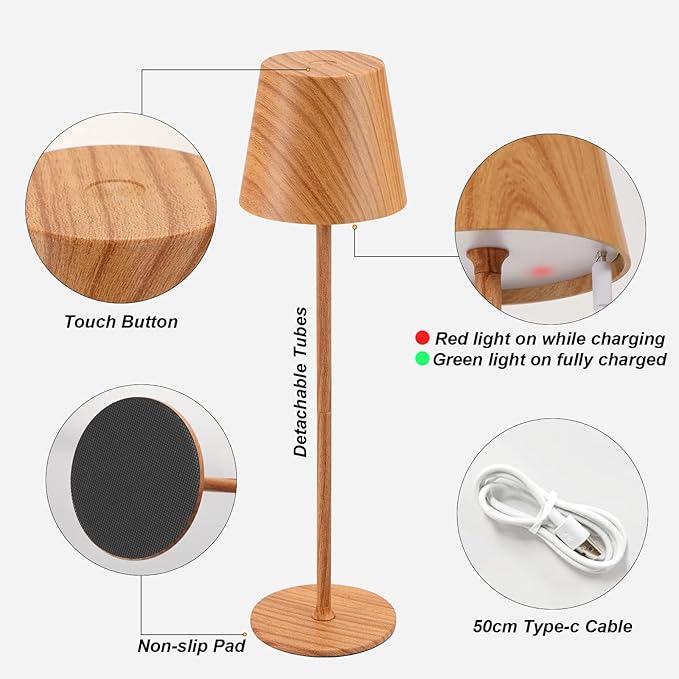 Cordless Table Lamp Rechargeable - Wood Grain 2 Pack 5000mAH Battery Operated Lamp for Counter, 3 Color Stepless Dimming Waterproof LED Wireless Lamp for Dining Kitchen, Outdoor Patio, Touch Control