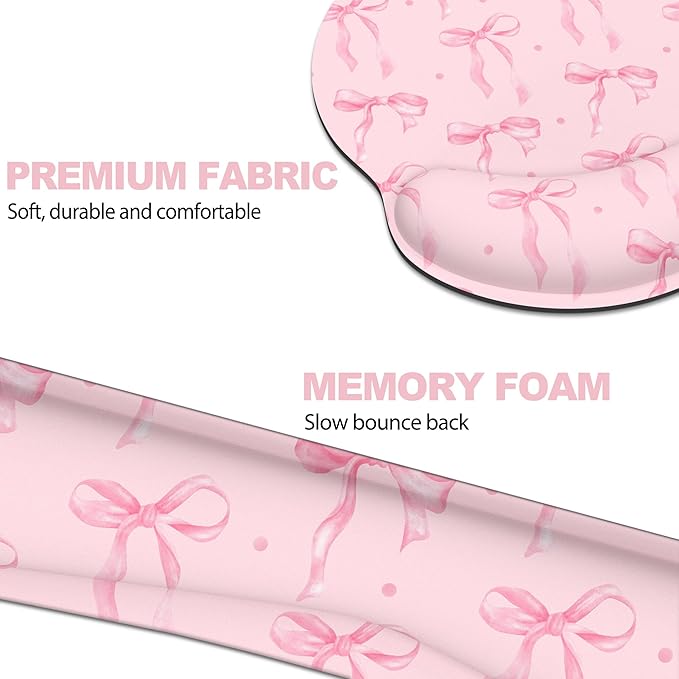 Ergonomic Mouse Pad with Wrist Rest and Keyboard Wrist Rest, Mousepad and Wrist Rest for Computer Keyboard, Non-Slip Rubber Base, Mouse Pad Wrist Support for Gaming, Pink Bow