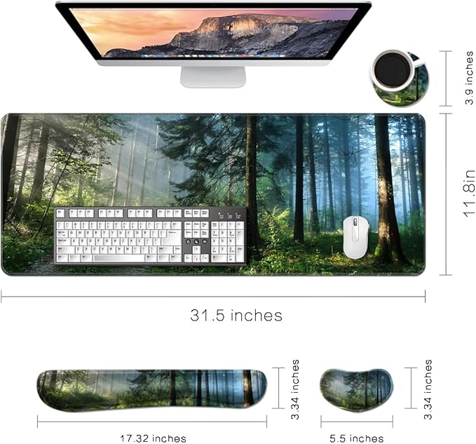 MIBITRI Keyboard Mouse Pad Set, Extended Gaming Mouse Pad+Ergonomics Keyboard Wrist Rest Support, Memory Foam, Easy Typing, 3Pcs XXL Ultra Thick Desk Mat, Forest in The Morning