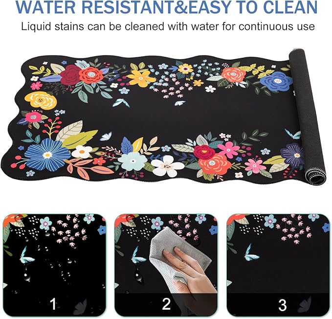 L-SPOUTTO Floral Mouse Pad,Black Desk Mat XXL Large Scalloped Gaming Mousepad,35.4x15.7in Non-Slip Rubber Base Keyboard Pad Waterproof Desktop Mat for Laptop Computer Game Home Office-Black Floral