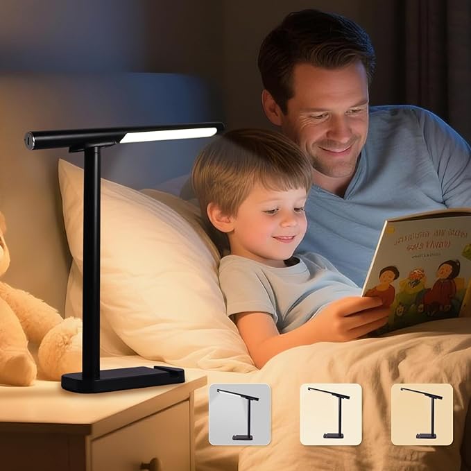 2 In 1 Led Desk Lamp - Outdoor Magnetic Desk Lamps for Home Office Study Bedroom , Black Desk Lamps with Phone Holder & USB Charging Port, 3500-6500K Touch Control Dimming & 5 Brightness Levels