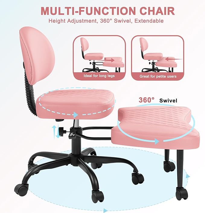GUNJI Ergonomic Criss Cross Legged Office Chair, 360° Swivel Meditation Kneeling Chair with Wheels, ADHD Chair with Footrest, Lumbar Support, Wider Height Adjustable Seat (Pink, Faux Leather)