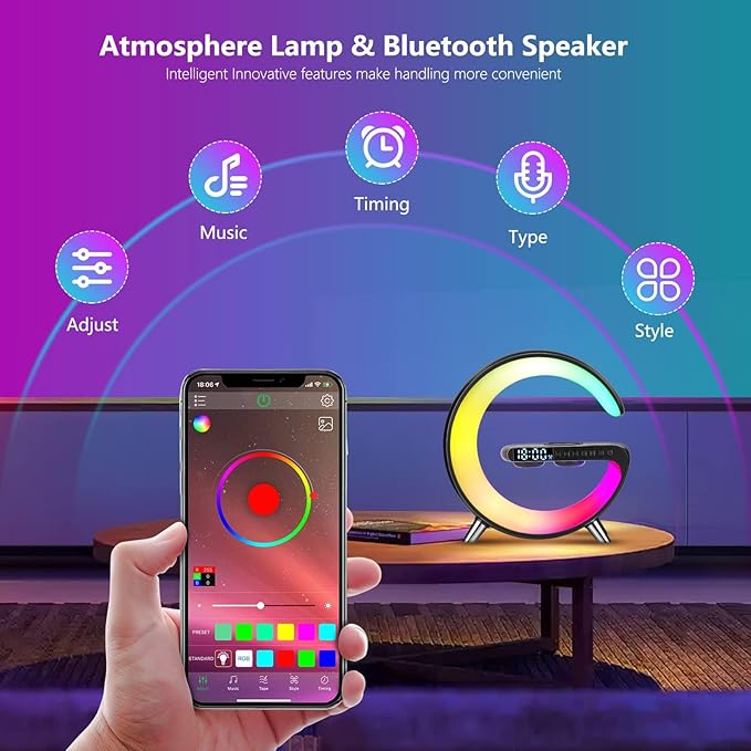 Wireless Charger Atmosphere Lamp, 2026 New Intelligent LED Table Lamp, Bluetooth Speaker, Dimmable Night Light Bedside Lamp Alarm Clock with Music Sync, App Control for Bedroom Home Decor Gift (Black)
