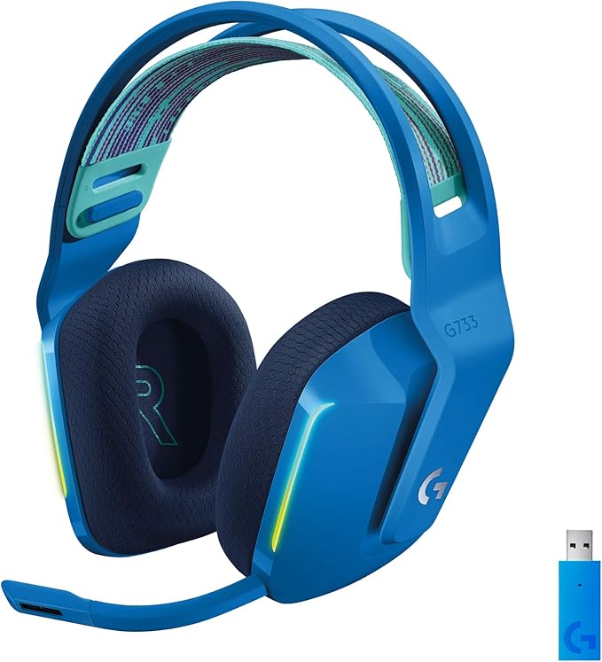 Logitech G733 Lightspeed Wireless Gaming Headset with Suspension Headband, LIGHTSYNC RGB, Blue VO!CE mic Technology and PRO-G Audio Drivers - Blue
