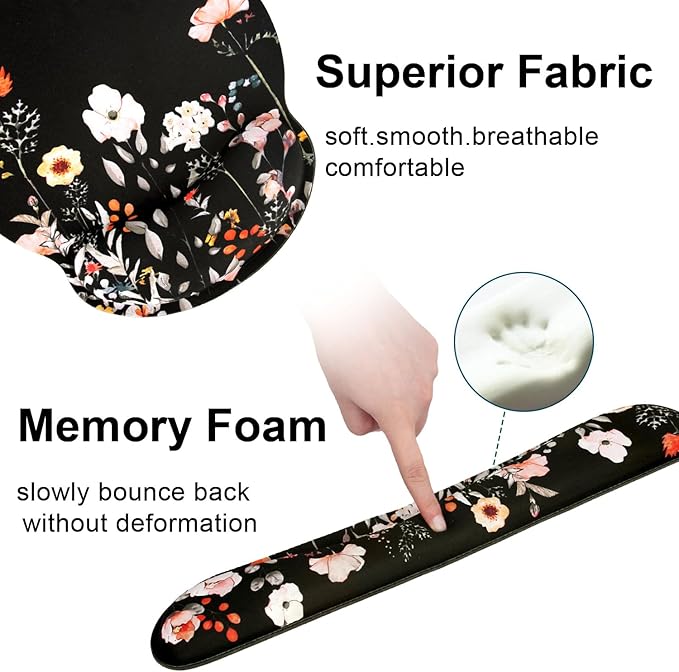 Ergonomic Mouse Pad with Wrist Rest and Keyboard Wrist Rest, Wrist Rest for Computer Keyboard, Easy Typing, Black Mouse Pad with Wrist Support for Gaming,Office, Laptop, Garden Flowers