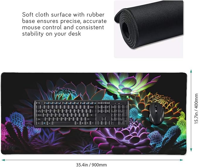Gaming Mouse Pad,Large Mouse Pads for Desk,Non-Slip Rubber Base Extended Mousepad,XXL Keyboard Mouse Mat,Computer Keyboard Desk Pad with Stitched Edges,35.4x15.8inch,Succulent Plants