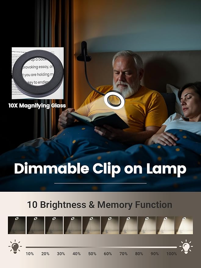 10X Magnifying Glass with Light,5 Colors+10 Brightness Reading Lamp,58 LED Magnifier with Light,750 Lumen Lighted Magnifying Glass for Reading,Clip on Lamp for Desk/Bed/Work/Nail [Adapter]