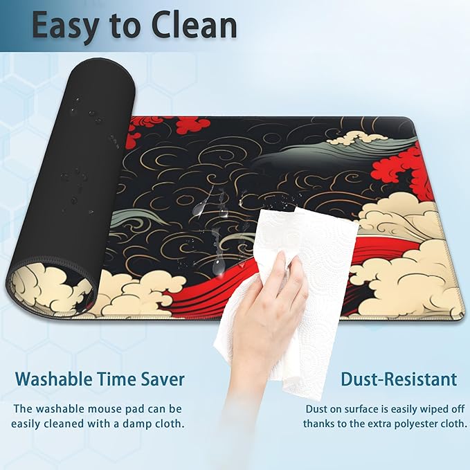 Gaming Mouse Pad, Japanese Sea Waves Extended Mouse Pad Gaming Large, Big Desk Mat with Non-Slip Base and Stitched Edge, Long Computer Keyboard Mouse Mat for Home Office Work 31.5"x15.7"