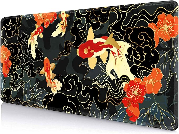 IMAYONDIA Japanese Koi Desk Mat (35.4x15.7 in), Extended Large Gaming Mouse Pad, Long Desk Pad with Stitched Edge, Black Gold Mouse Mat Desk Pad Office Accessories Decor Gift