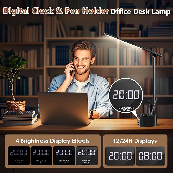 COOLNIGHT LED Desk Lamp,5 Colors+11 Brightness LED Desk Lamp with USB Charging Port+Clock+Pen Holder,700 Lumen Desk Light Classroom Desk Lamps for Home Office, Bed,Reading,Nail,Craft