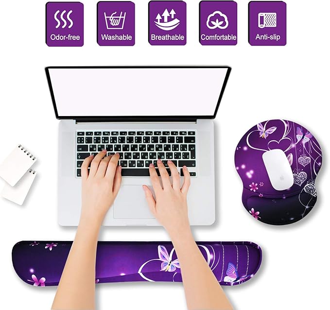 ArtSo Upgraded Wrist Rest Support for Mouse Pad & Keyboard, Ergonomic Gel Mousepad Non-Slip Rubber Base Home, Office Wrist Support, Easy Typing Cushion Neoprene, Soft Memory Foam, Purple Heart Butterfly