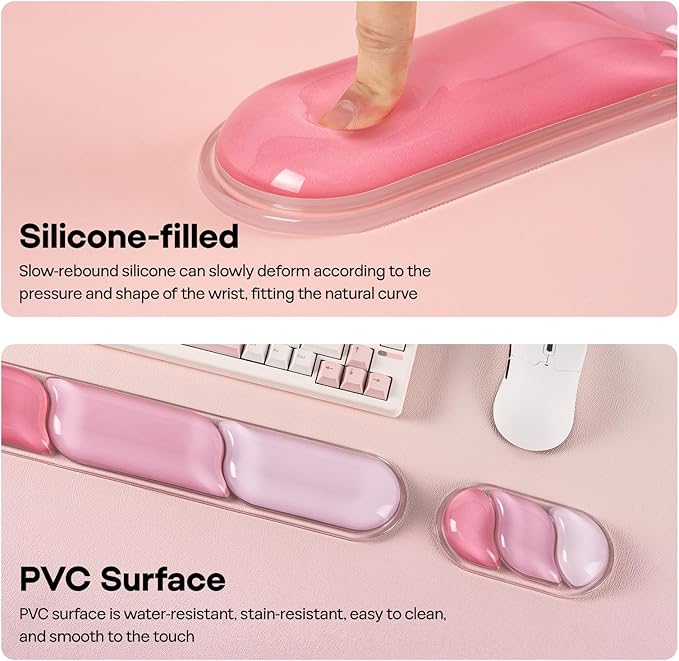 EPOMAKER CloudGel Wrist Rest for Keyboard and Mouse, 2 Pieces Silicone Wrist Support, Anti-Slip Rubber Bottom, Ergonomic Design, Suitable for Office/Computer/Laptop/Gaming (Pink)