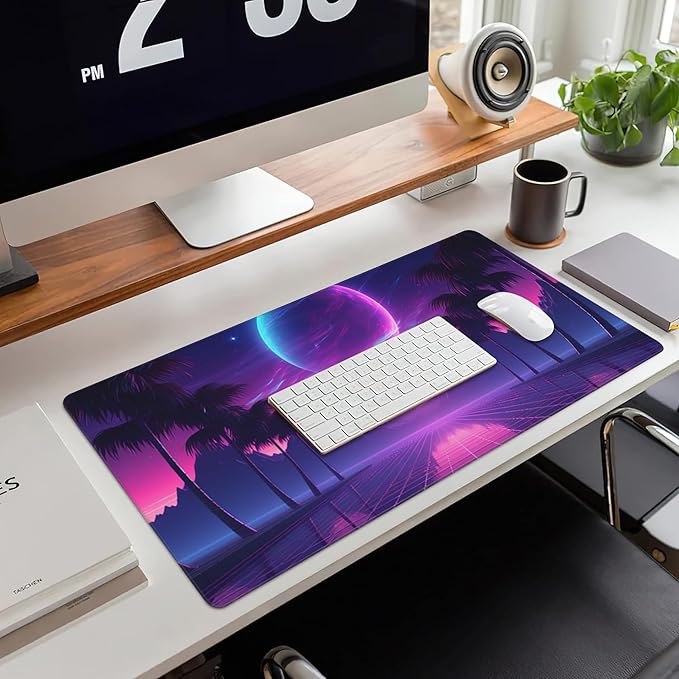 Large Gaming Mouse Pad for Desk,Cool Retrowave Landscape Desk Mat,Science Fiction Scene Desk Pad, Extended Big Computer Keyboard Mouse Pad with Non-Slip Base and Stitched Edge 35.4"x15.7"