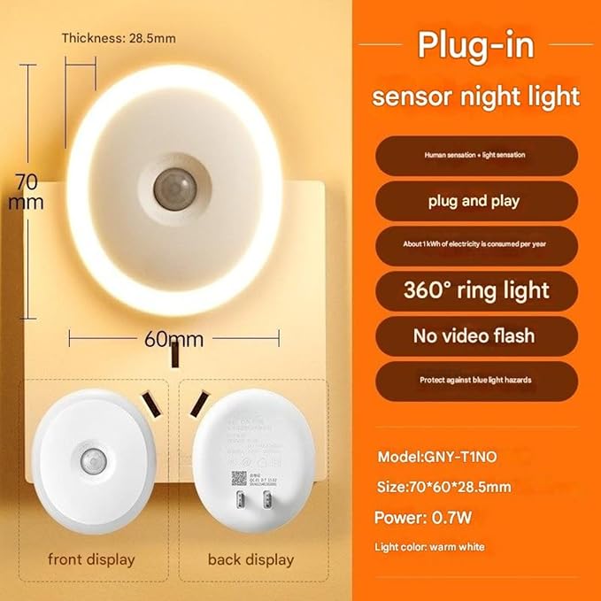 Plug-in Motion Sensor Night Light — Energy-Saving 0.7W Warm White, Auto On/Off (3–5m) & Ambient Light Sensing, Flicker-Free Eye-Care LED — Hallway, Bathroom, Bedroom, Nursery, Stairs