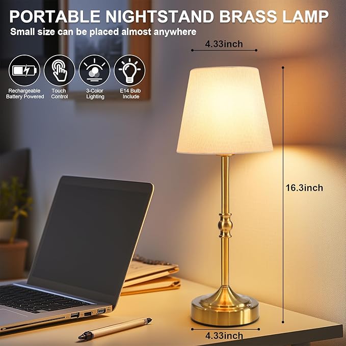 Rechargeable Cordless Table Lamp, 5000mAh Battery Operated Lamp, Wireless 3-Level Dimmable Touch Lamp, Portable Night Bedside Brass Lamp, Desk Light for Home Decor, Patio, Restaurant, Dinning