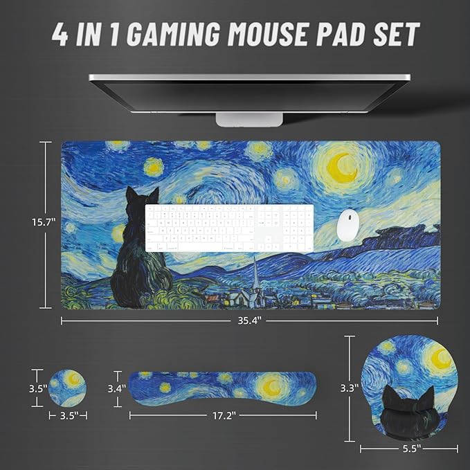Ovenbird Mouse Pad Set 4-in-1 | Large Gaming Mousepad, Keyboard Wrist Rest, Mouse Wrist Support, Coaster | Ergonomic Office Desk Mat Accessories for Women Men | 4PCS, 35.4 x 15.7in, The Starry Cat
