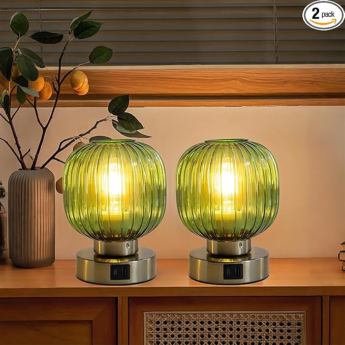 Touch Control Small Table Lamp Set of 2, Elegant Green Glass Bedside Lamp 3 Way Dimmable with USB C+A Charging Ports - Bedroom Nightstand & Living Room Essential, 4W Bulb Included
