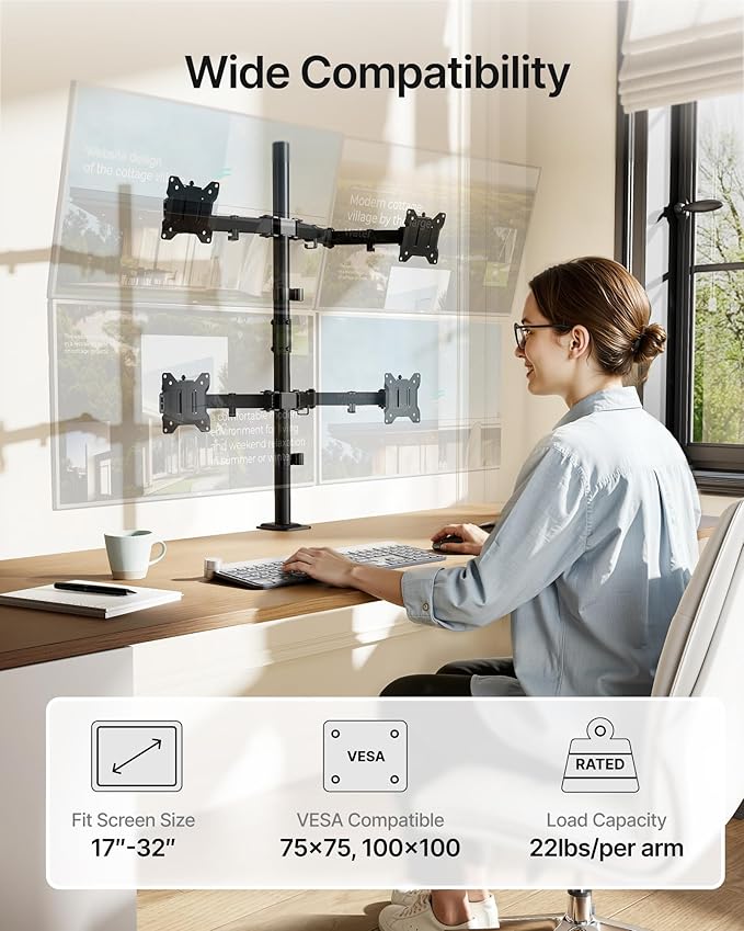 monTEK Quad Monitor Stand Mount, Fully Adjustable Desk Mount for 4 Screen up to 17”-32” and 22lbs Capacity Each Arm, Stable Monitor Arm with C Clamp and Grommet Base, VESA 75x75mm/100x100mm
