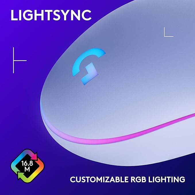 Logitech G203 Wired Gaming Mouse, 8,000 DPI, Rainbow Optical Effect LIGHTSYNC RGB, 6 Programmable Buttons, On-Board Memory, Screen Mapping, PC/Mac Computer and Laptop Compatible - Lilac