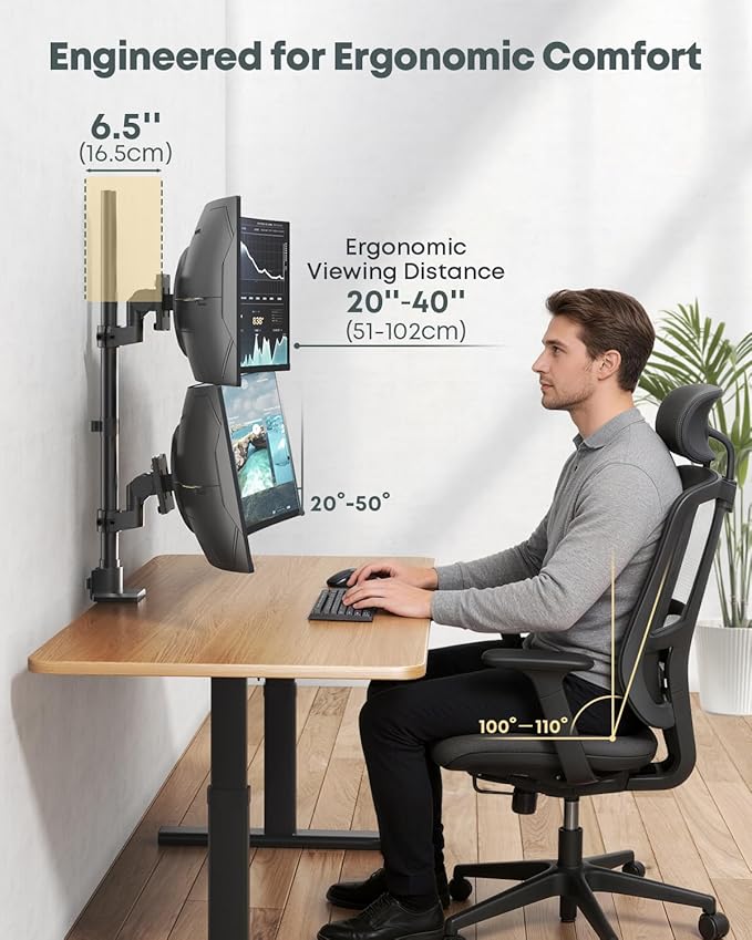 Dual Monitor-Arm Ultrawide Heavy Duty - 24-57 inch Vertical Dual Monitor Mount, Adjustable Stacked Double Monitor Desk Mount Stand, Max Load 59.4 lbs (per Screen), VESA 75 100 mm, Black