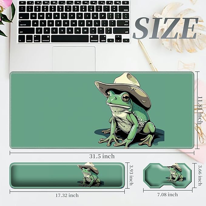 3Pcs Mouse Pad Set, Green Frog Large Gaming Mouse Pad with Stitched Edge, Ergonomic Memory Foam Keyboard Wrist Support and Mouse Wrist Rest Cushion, Pain Relief Non-Slip Desk Pad Combo