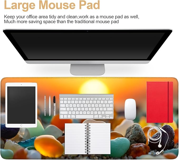 Large Mouse Pad & Keyboard Mat 35x16 Inches, Sunset Pebble Beach Landscape Non-Slip Rubber Base Desk Mat, Large Extended Desk Protector for Home Office Gaming Setup