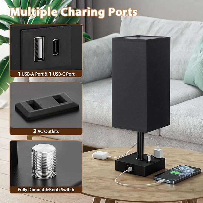 aooshine Black Fully Dimmable Nightstand Lamps Set of 2 - Table Bedside Lamp with USB C+A Charging Ports & 2 AC Outlets, Square Lamp Sets Linen Fabric Shade for Bedroom Living Room(Bulb Included)