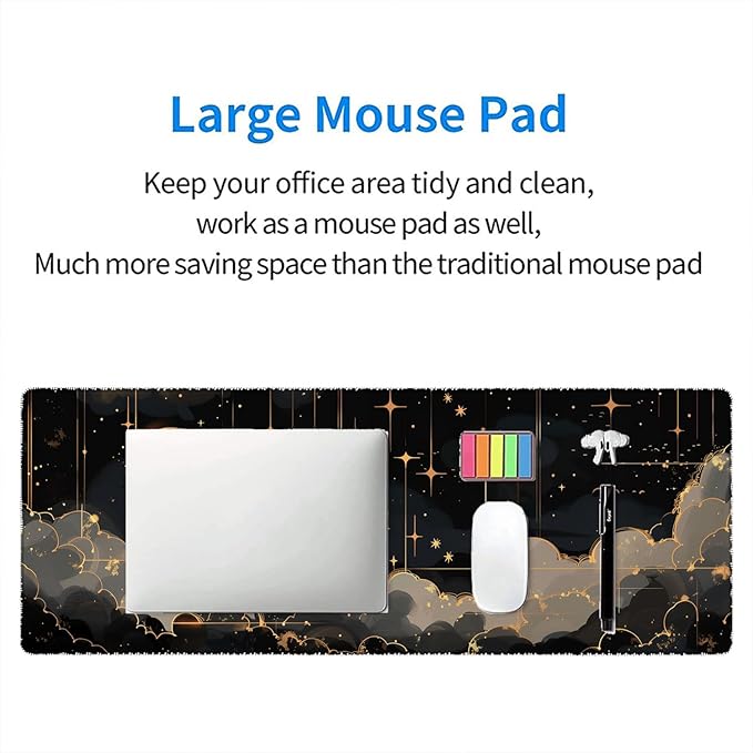 Black Gold Celestial Desk Mat - Extended Gaming Mouse Pad with Stitched Edge Non-Slip Base - 31.5"x11.8"