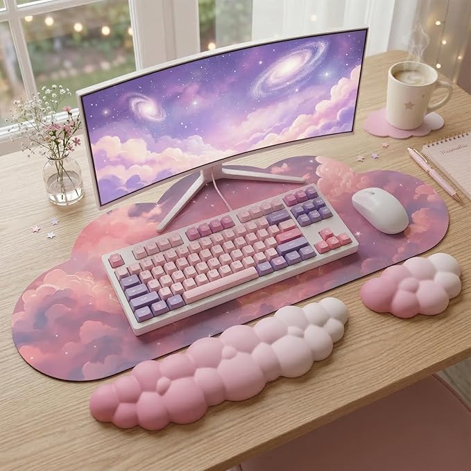 Cloud Mouse Pad Keyboard Wrist Rest for Mouse 4PCS Extended Large Galaxy Space Desk Mat Pad Set Memory Foam Non-Slip Cute Ergonomic Game Mouse Wrist Support for Computer Home Office Pink Starry Sky
