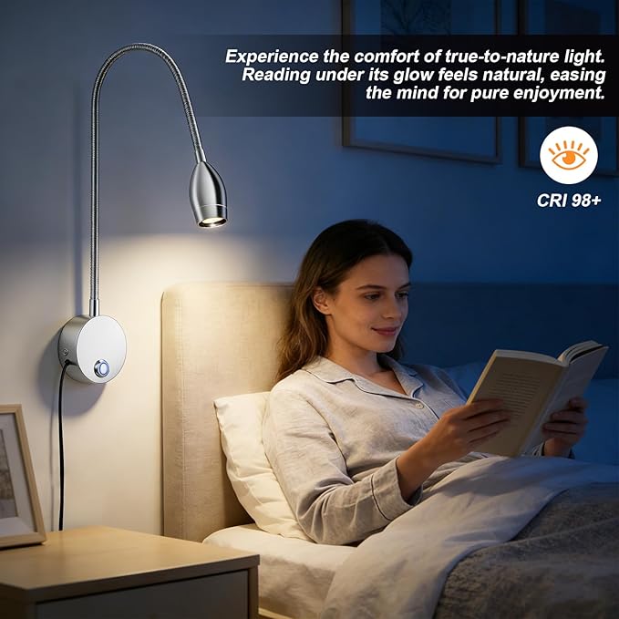 Wall Mounted LED Reading Light with 360° Flexible Gooseneck, Dimmable Bedside Reading Lights for Books In Bed, Plug In Headboard Night Lights, Eye-Caring, 3 Colors Temperature, Touch Control-1 Pack
