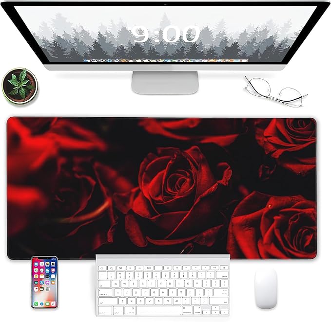 Rose Gaming Mouse Pad, Abstract Red Rose and Black Leaves Extended Mouse Pad Gaming Large,Desk Mat with Non-Slip Base and Stitched Edge,Long Computer Keyboard Mouse Mat for Home Office 31.5"x15.7"