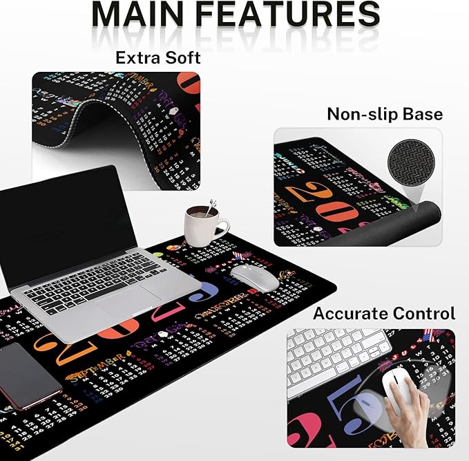 Arttown Desk Mat 2025 Calendar Office Mouse Pad Set 4 in 1 Black Month Day Ergonomic Design Large Desk Pad + Keyboard Wrist Rest + Mouse Wrist Rest + Coaster Suitable for Home Office Study Game