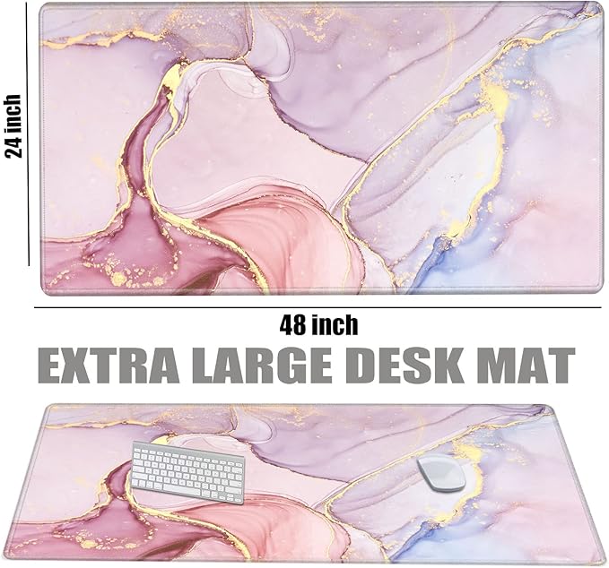 Gaming Mouse Pad Giant 48x24 Desk Mat Oversized Large Mousepad Jumbo Huge Desk Pad Pink Marble Protector Mat XXXL Non Slip Computer Mat for Wireless Desktop Work
