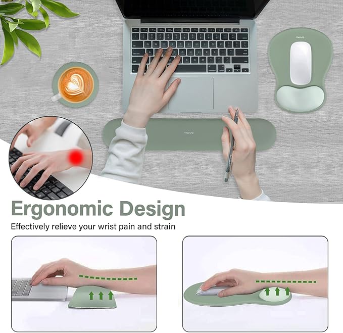 MOSISO Wrist Rest Support for Mouse Pad&Keyboard Set, Curved Ergonomic Mousepad&Coaster Non-Slip Base Home/Office Pain Relief&Easy Typing Cushion with Soft Cloth&Silicone Lining, Green