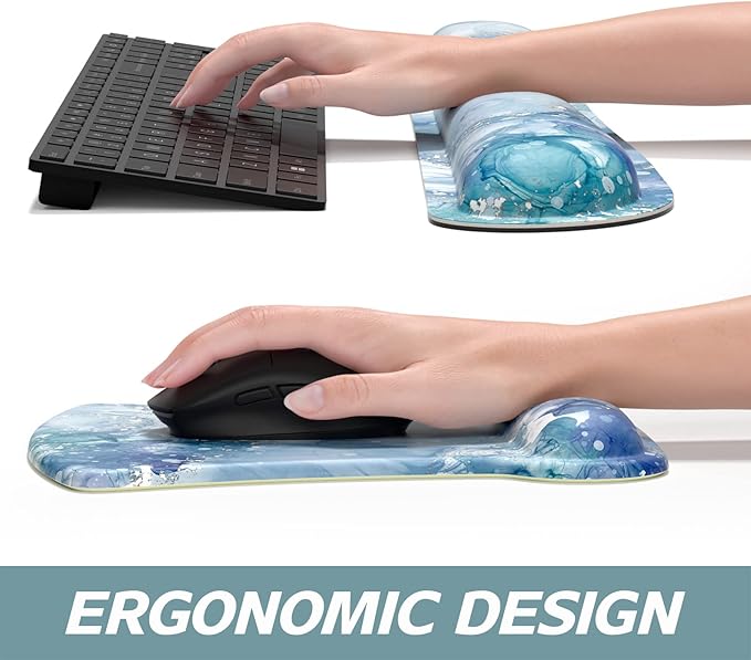 ITNRSIIET Mouse Pad Wrist Support Keyboard Wrist Rest Pad Ergonomic Mousepad Non-Slip Memory Foam Keyboard Pad Easy Typing Pain Relief Perfect for PC Laptop Gaming Office, Blue Abstract Marble