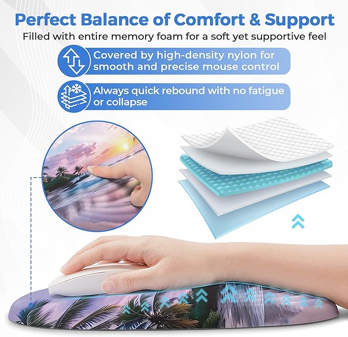Ergonomic Mouse Pad with Wrist Support, Memory Foam Wrist Rest for Pain Relief & Carpal Tunnel, Non-Slip Base for Office, Computer, PC, Laptop (12x8x1.2inch, Sunset Beach)