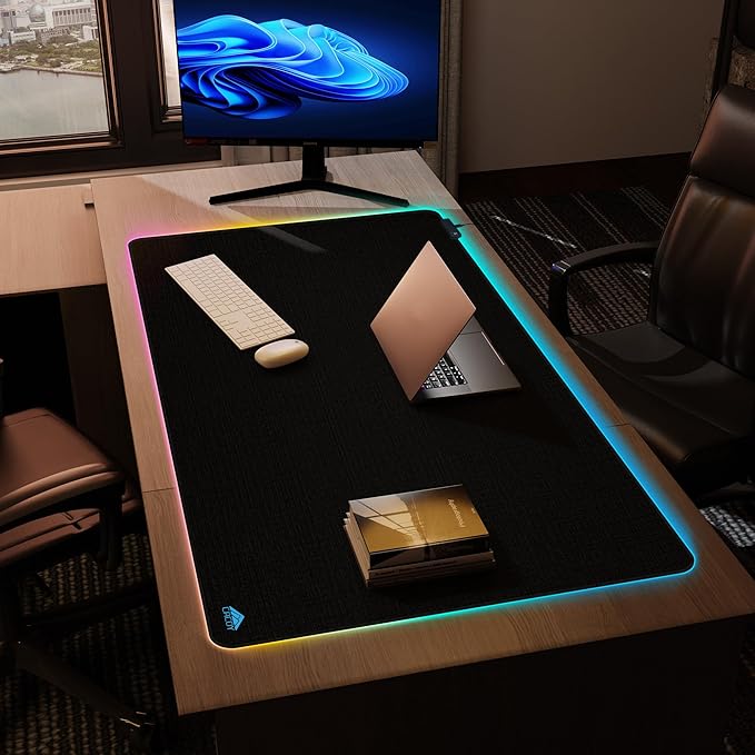 Cacoy 55"x27.5" Extra Large RGB Gaming Mouse Pad XXL, Extended LED Computer Keyboard Mouse Mat with 9 Light Mode, Oversize Office Desk Matt for Desktop with Stitched Edge & Non-Slip Rubber Base, Black