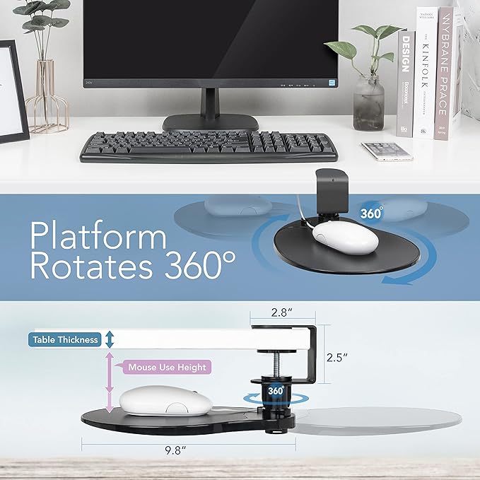 EHO Clamp on Mouse Platform, Clip on Pad Rotating 360 Degree, Ergonomic Mouse Tray Attachment, Mouse Pad, Slide Out Tray, Suitable for 1.5" Thickness Desk, for Home Office Desk Organizer (Platinum)