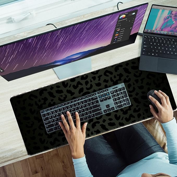 Extended Large Computer Gaming Mouse Pad Desk Mat(31.5×15.7 in),Desk Pad with Non-Slip Base Stitched Edges,Suitable for Work Office Large Gaming Mouse Pad Desktop Pad-Black Leopard Cheetah