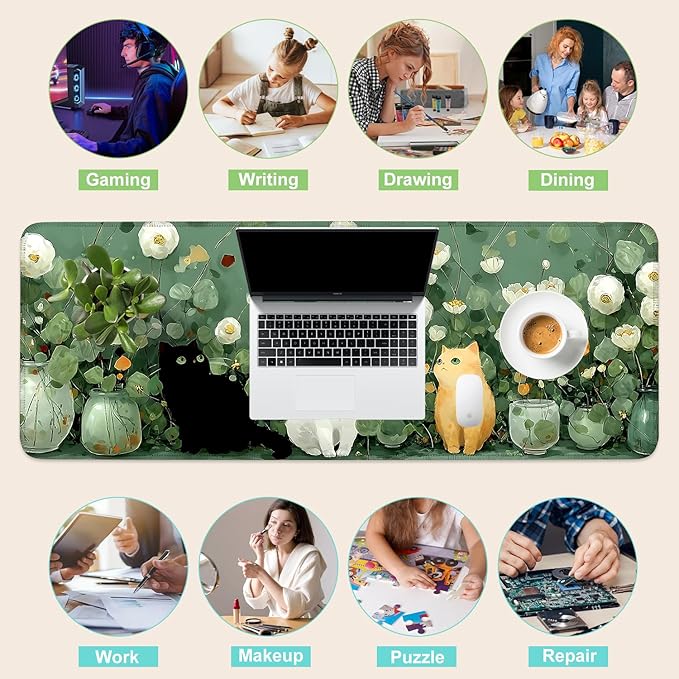 Desk Mat, XXL Extended Gaming Pad for Desktop, 31x12 Inches Floral Cats with Three Kittens, Large Non-Slip Vegan Leather Keyboard Mouse Mat for Home Office