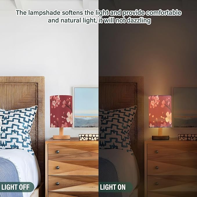 Red Cherry Blossom LED Table Lamp, Bedside Lamp with Linen Lampshade, Flicker-Free Eye Care USB Plug in Nightstand Lamp, for Bedroom and Office