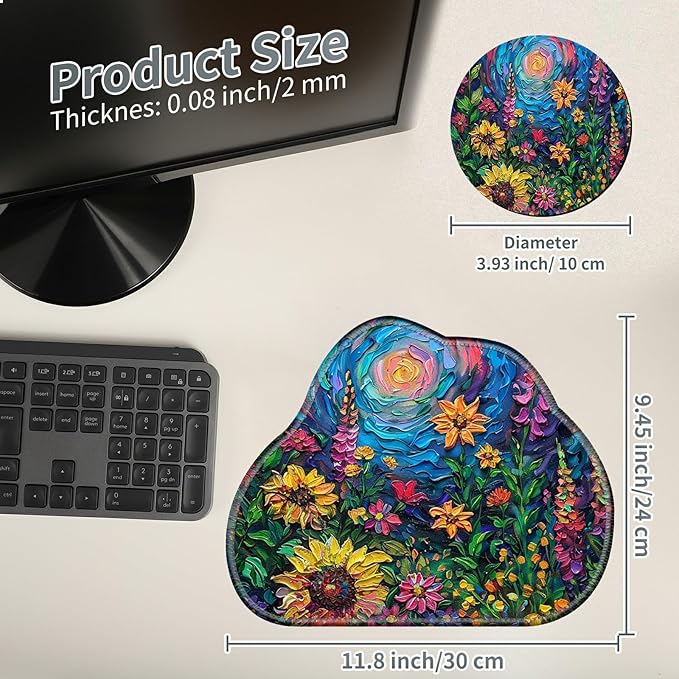 Cute Mouse Pad Plus 1 Coaster, Small Gaming Mouse Mat 11.8 x 9.45 inches, Travel Mouse Pads with Durable Stitched Edges Non-Slip Base, Vibrant Watercolor Flowers Decor Mousepad for Office Home