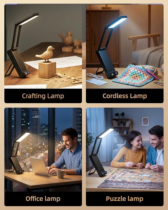 EZVALO LED Rechargeable Desk Lamp, 6000mAh Battery Operated Light, Cordless Table Lamp for Book Reading, Foldable Mini Lamps & Portable, 3 Color Dimmable Small Wireless Reading Lamp, Black