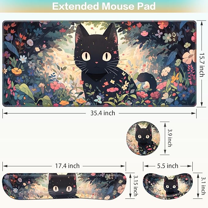 Mouse Pad Anime, Mouse Pad with Wrist Rest, 4-in-1 XXL Large Desk Mat Kawaii Mousepad with Gel Wrist Support Keyboard Wrists Rest Coaster, Ergonomic Gaming Cat Desk Pad, Funny Cute Office Accessories